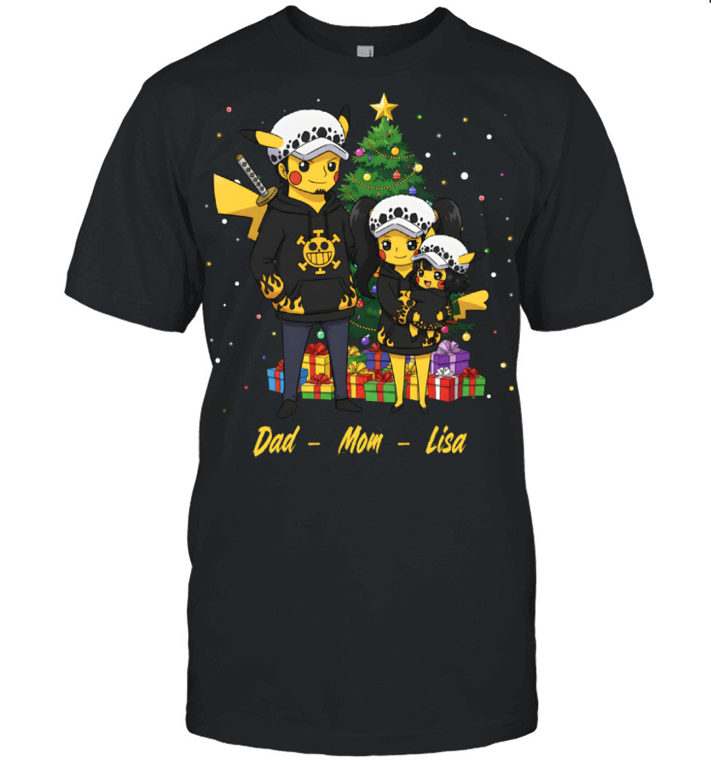 Pikachu x Trafalgar Law Parents & Daughter Custom Name Christmas T-Shirt for Family