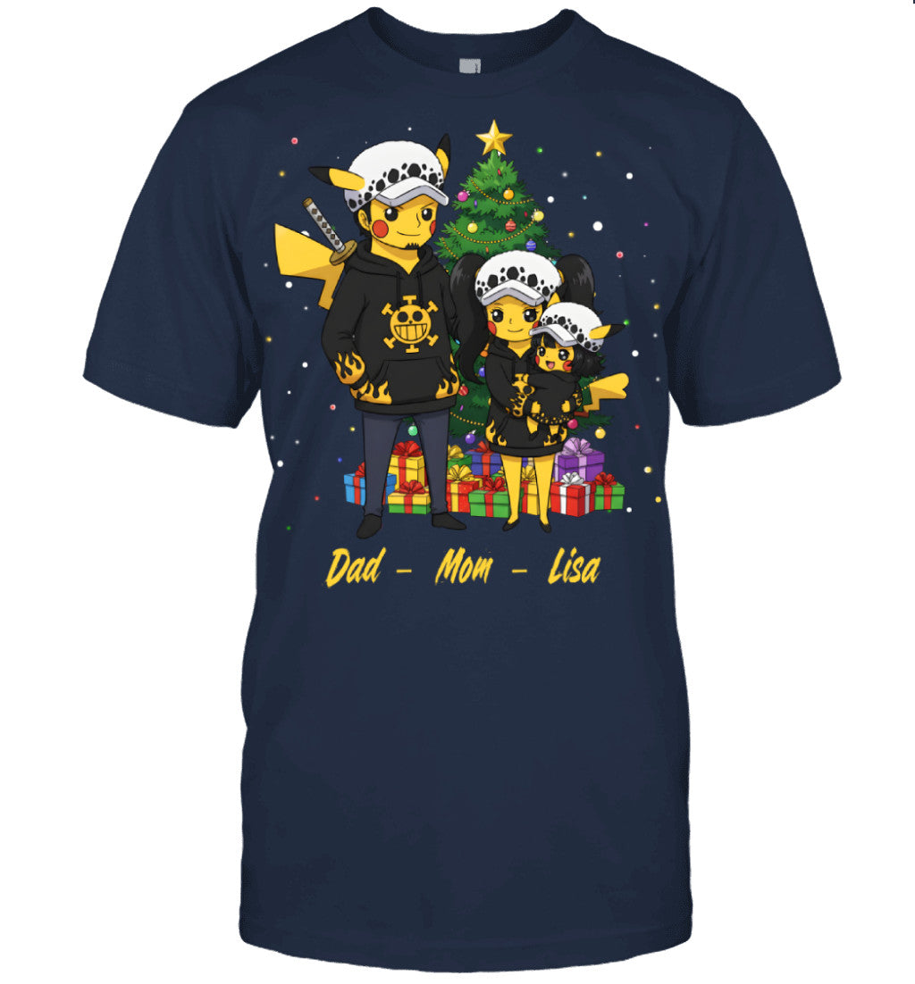 Pikachu x Trafalgar Law Parents & Daughter Custom Name Christmas T-Shirt for Family