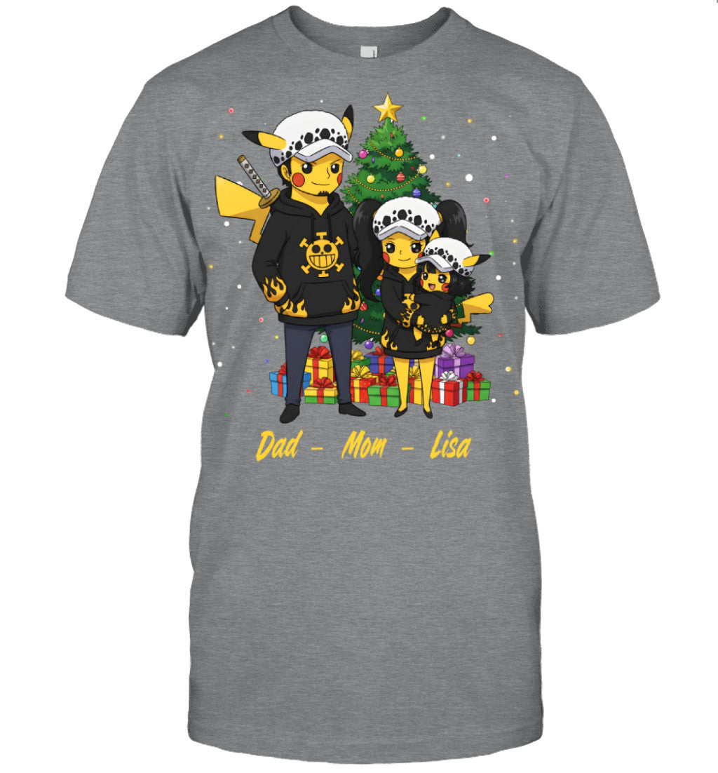 Pikachu x Trafalgar Law Parents & Daughter Custom Name Christmas T-Shirt for Family