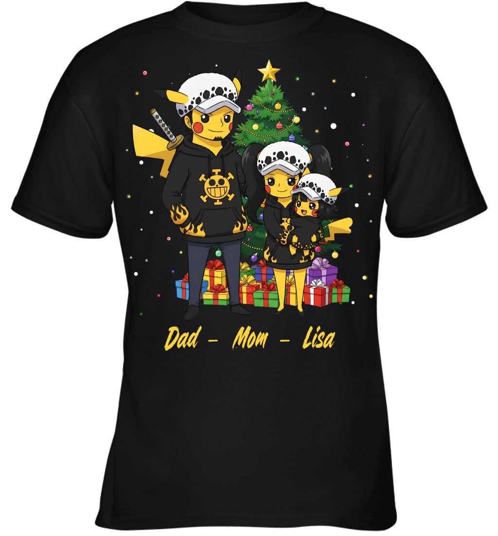 Pikachu x Trafalgar Law Parents & Daughter Custom Name Christmas T-Shirt for Family