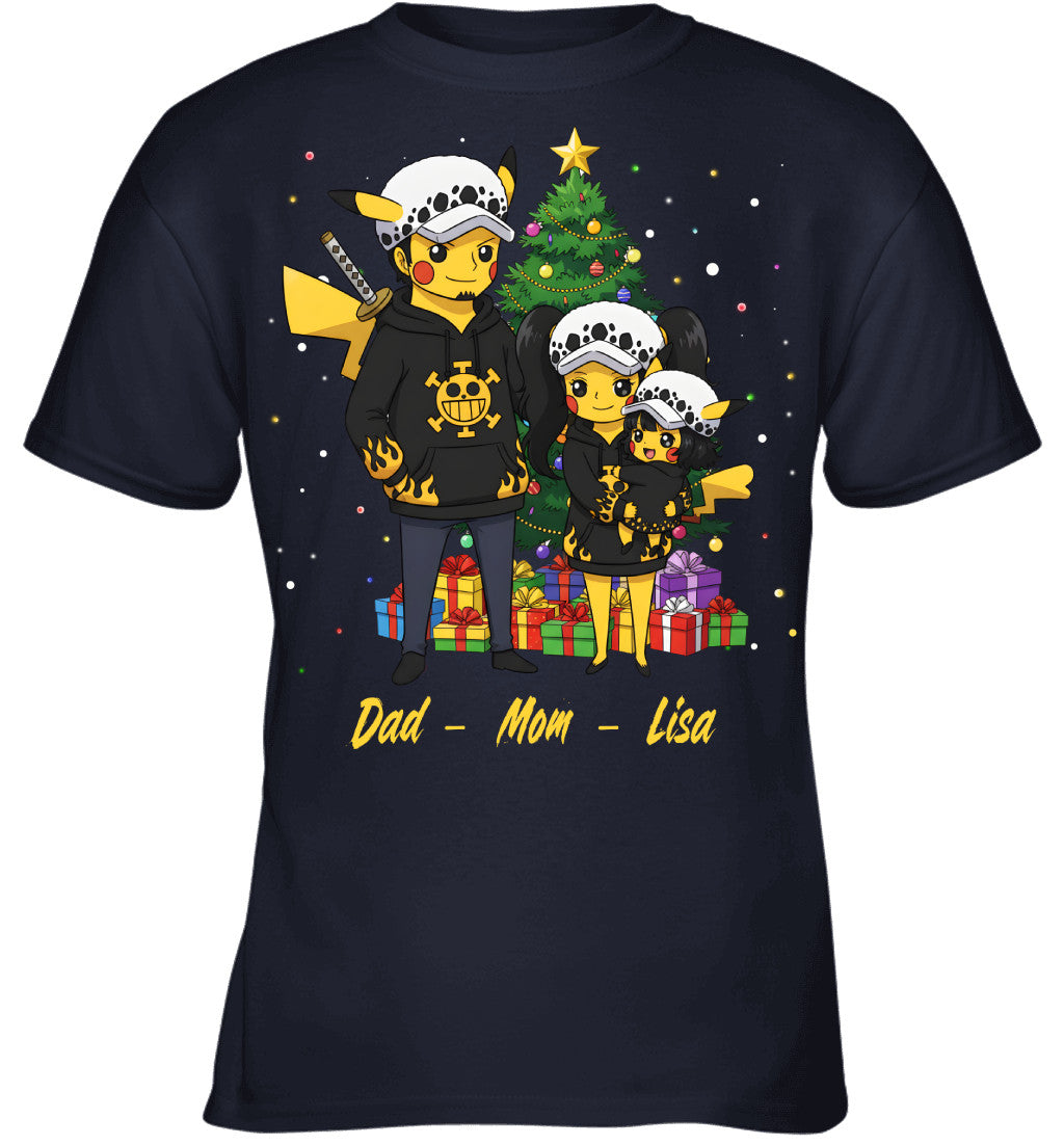 Pikachu x Trafalgar Law Parents & Daughter Custom Name Christmas T-Shirt for Family