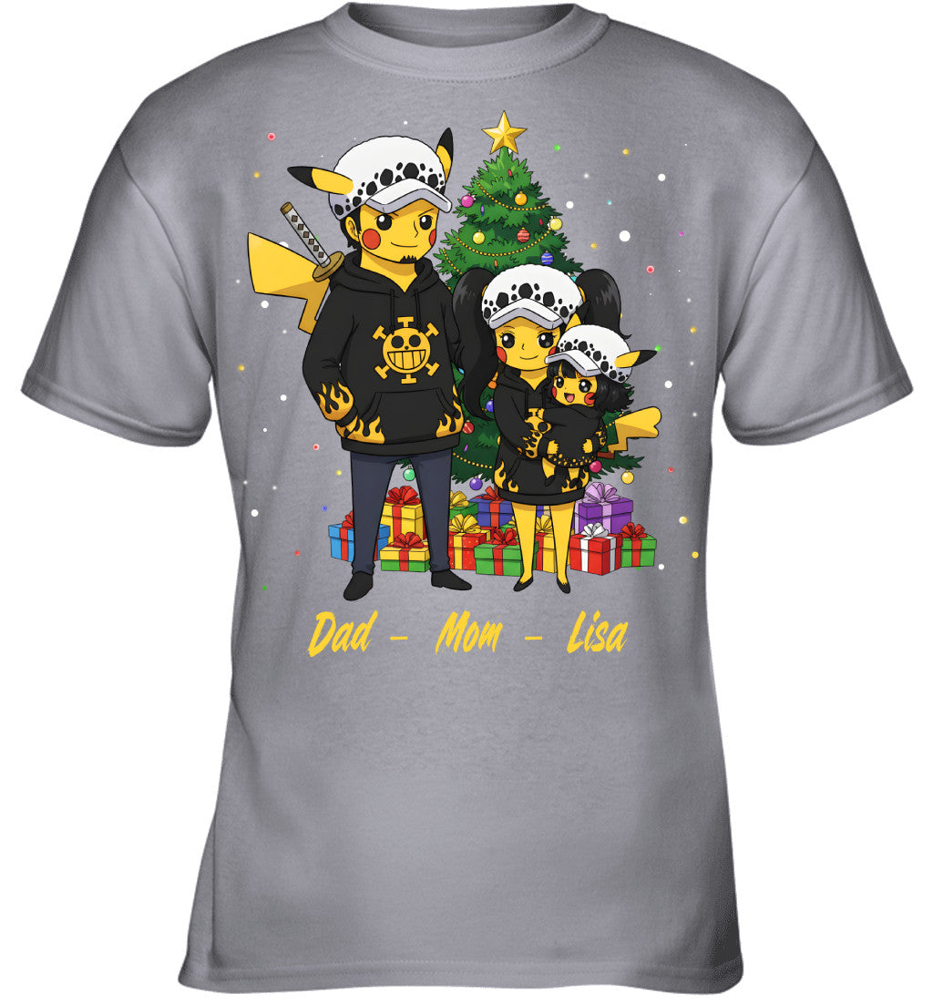 Pikachu x Trafalgar Law Parents & Daughter Custom Name Christmas T-Shirt for Family