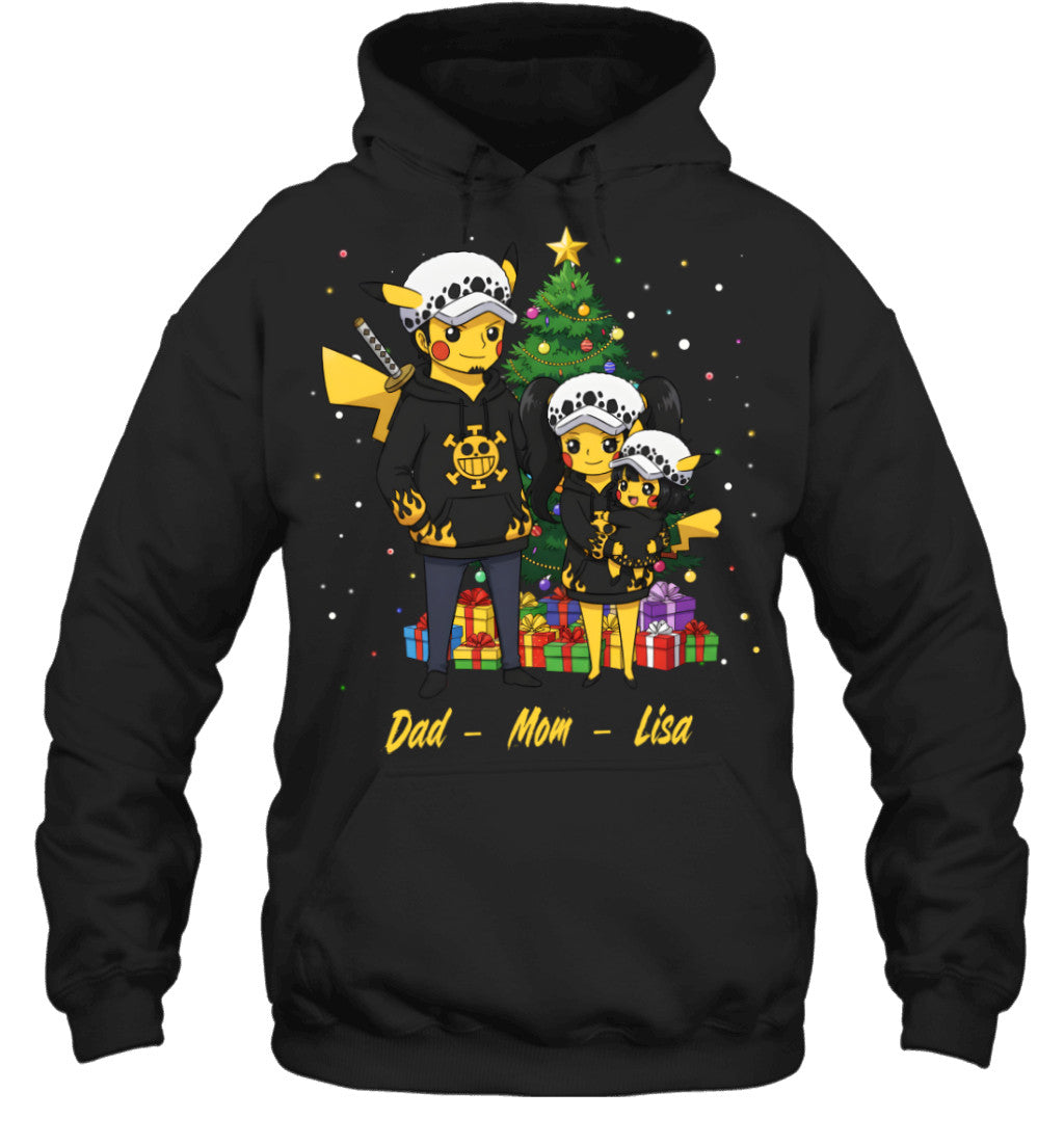 Pikachu x Trafalgar Law Parents & Daughter Custom Name Christmas T-Shirt for Family