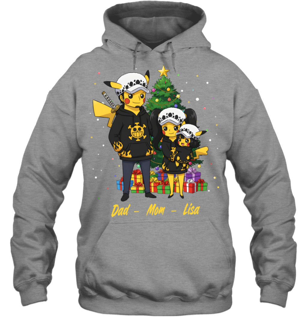 Pikachu x Trafalgar Law Parents & Daughter Custom Name Christmas T-Shirt for Family
