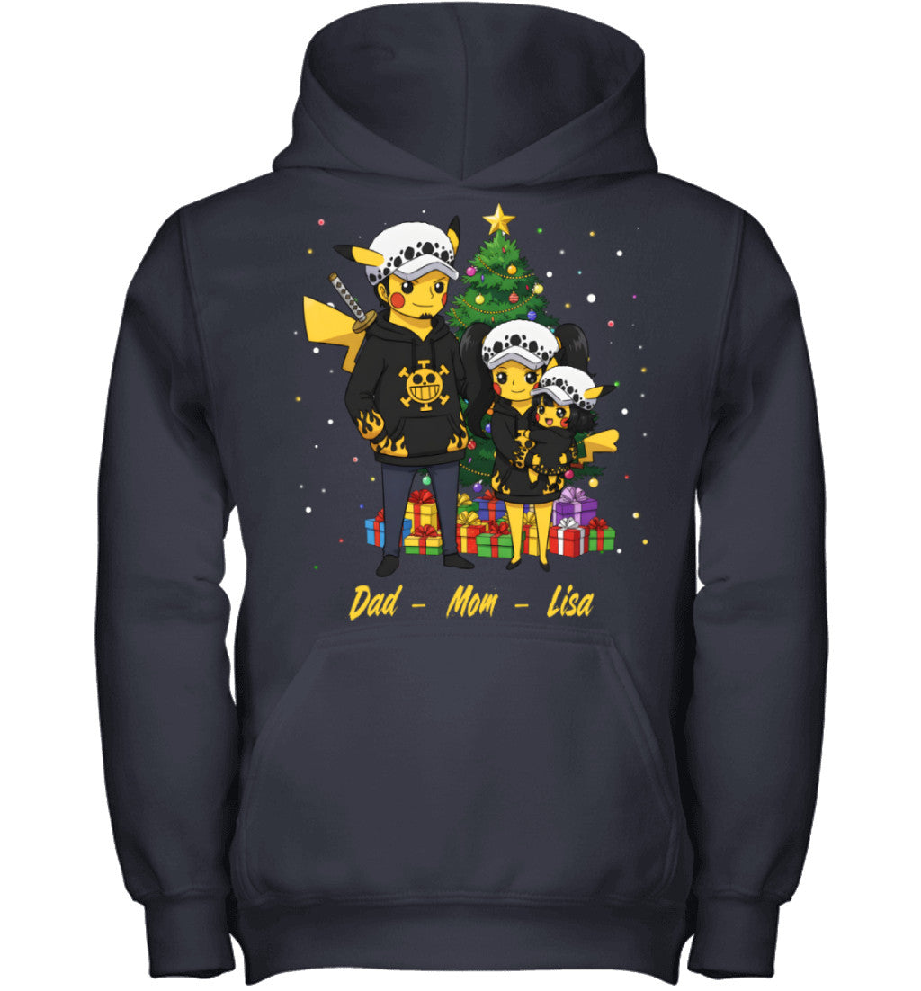 Pikachu x Trafalgar Law Parents & Daughter Custom Name Christmas T-Shirt for Family