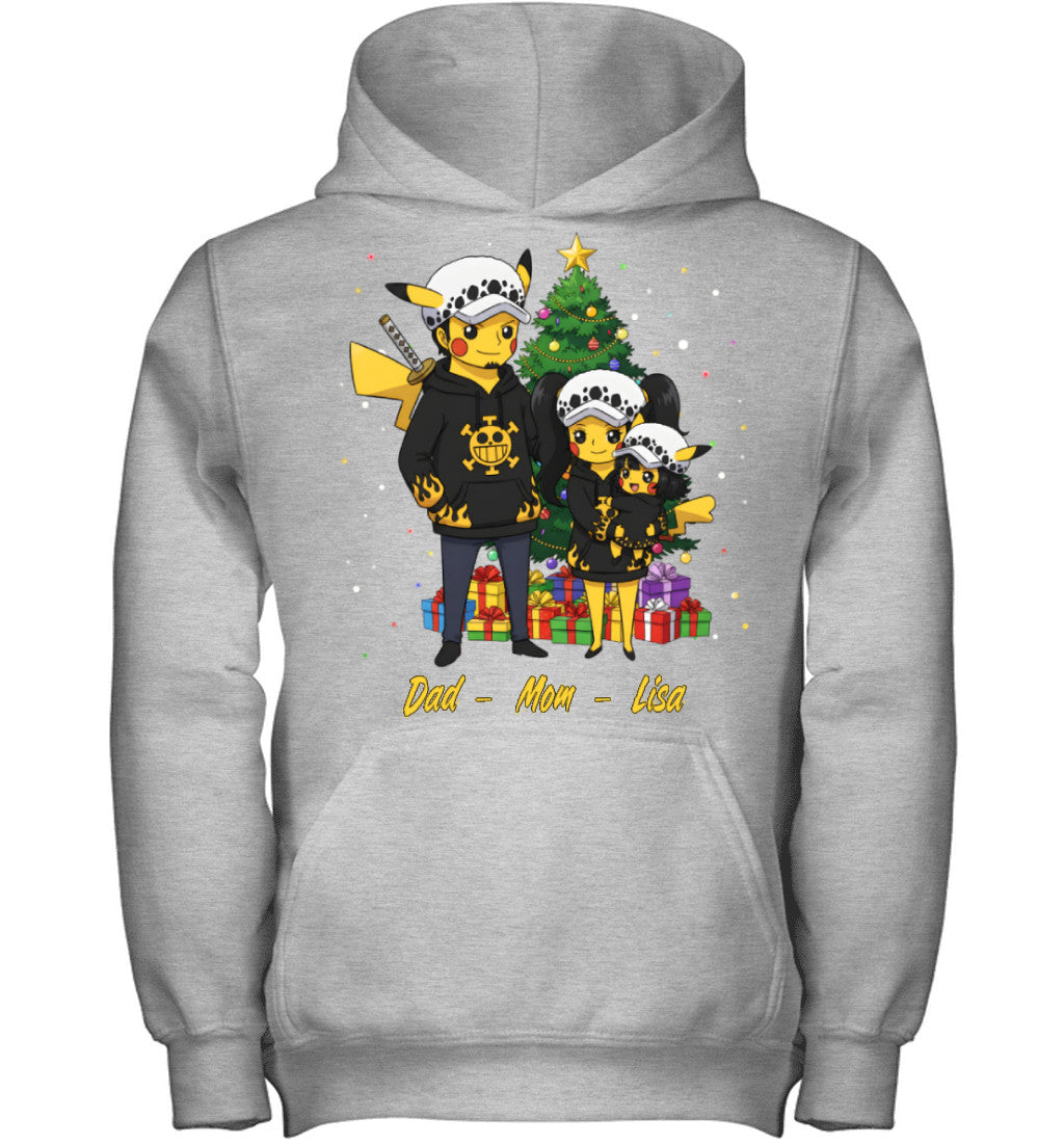 Pikachu x Trafalgar Law Parents & Daughter Custom Name Christmas T-Shirt for Family