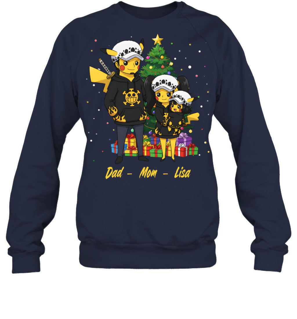 Pikachu x Trafalgar Law Parents & Daughter Custom Name Christmas T-Shirt for Family