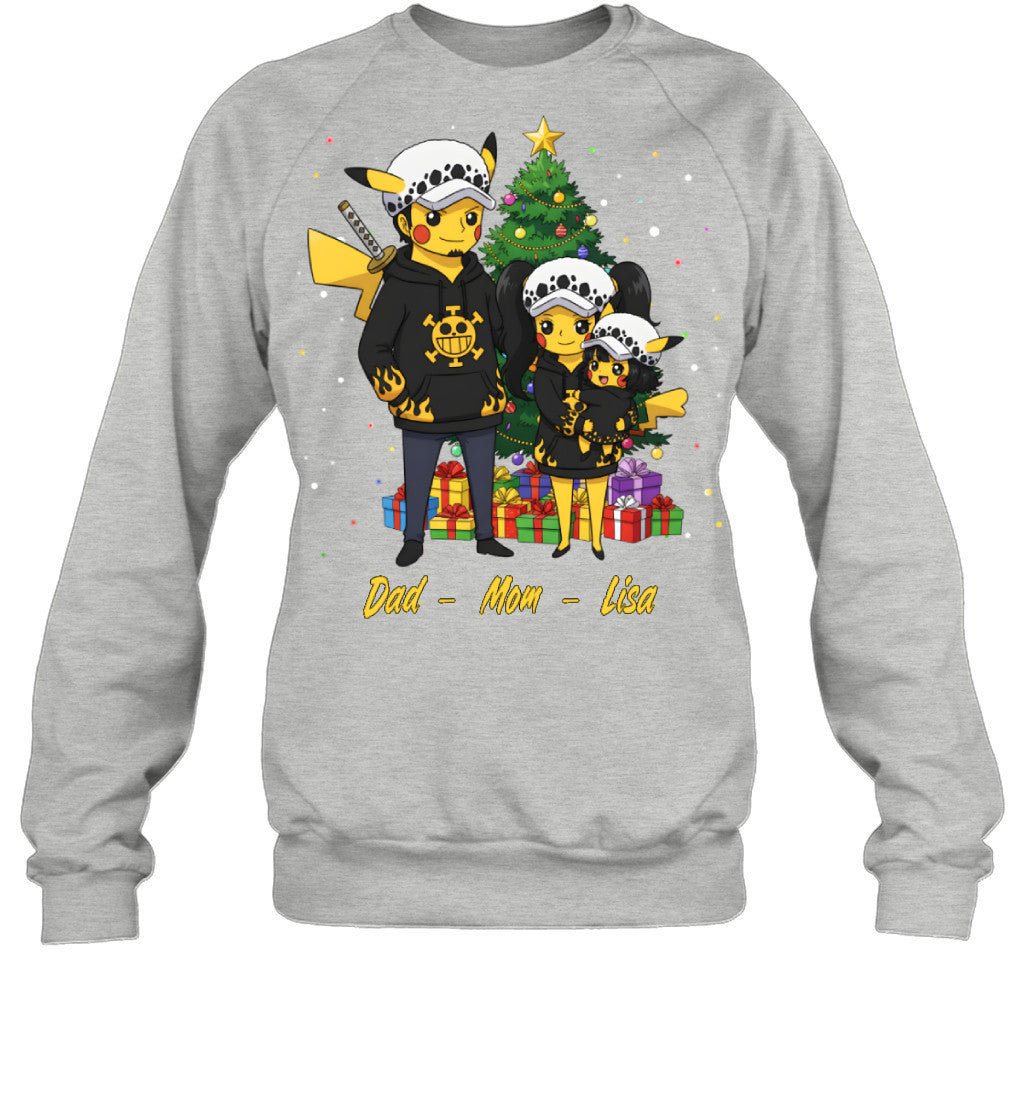 Pikachu x Trafalgar Law Parents & Daughter Custom Name Christmas T-Shirt for Family