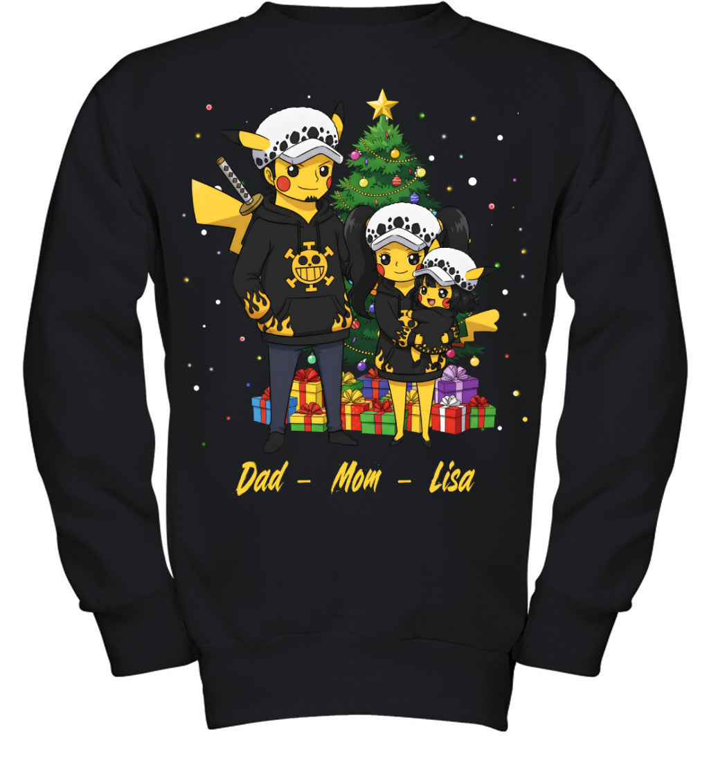 Pikachu x Trafalgar Law Parents & Daughter Custom Name Christmas T-Shirt for Family
