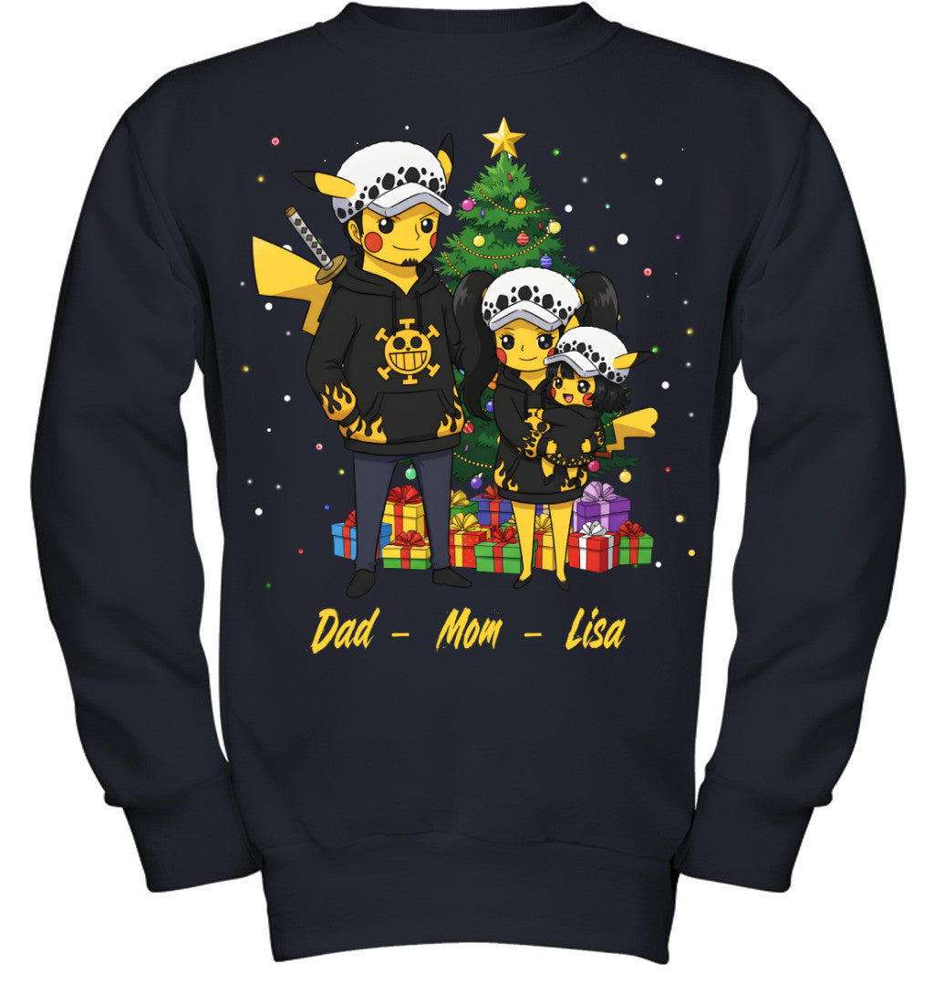 Pikachu x Trafalgar Law Parents & Daughter Custom Name Christmas T-Shirt for Family