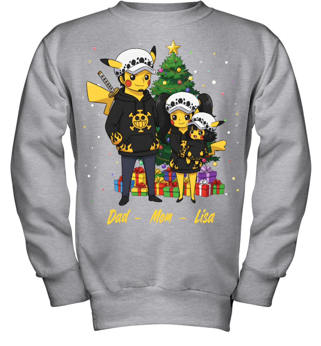Pikachu x Trafalgar Law Parents & Daughter Custom Name Christmas T-Shirt for Family