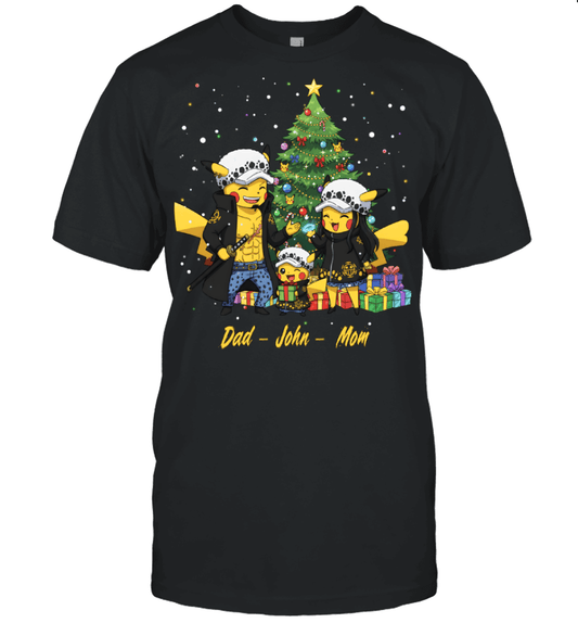 Pikachu x Trafalgar Law Parents & Son Custom Name Christmas T-Shirt for Family