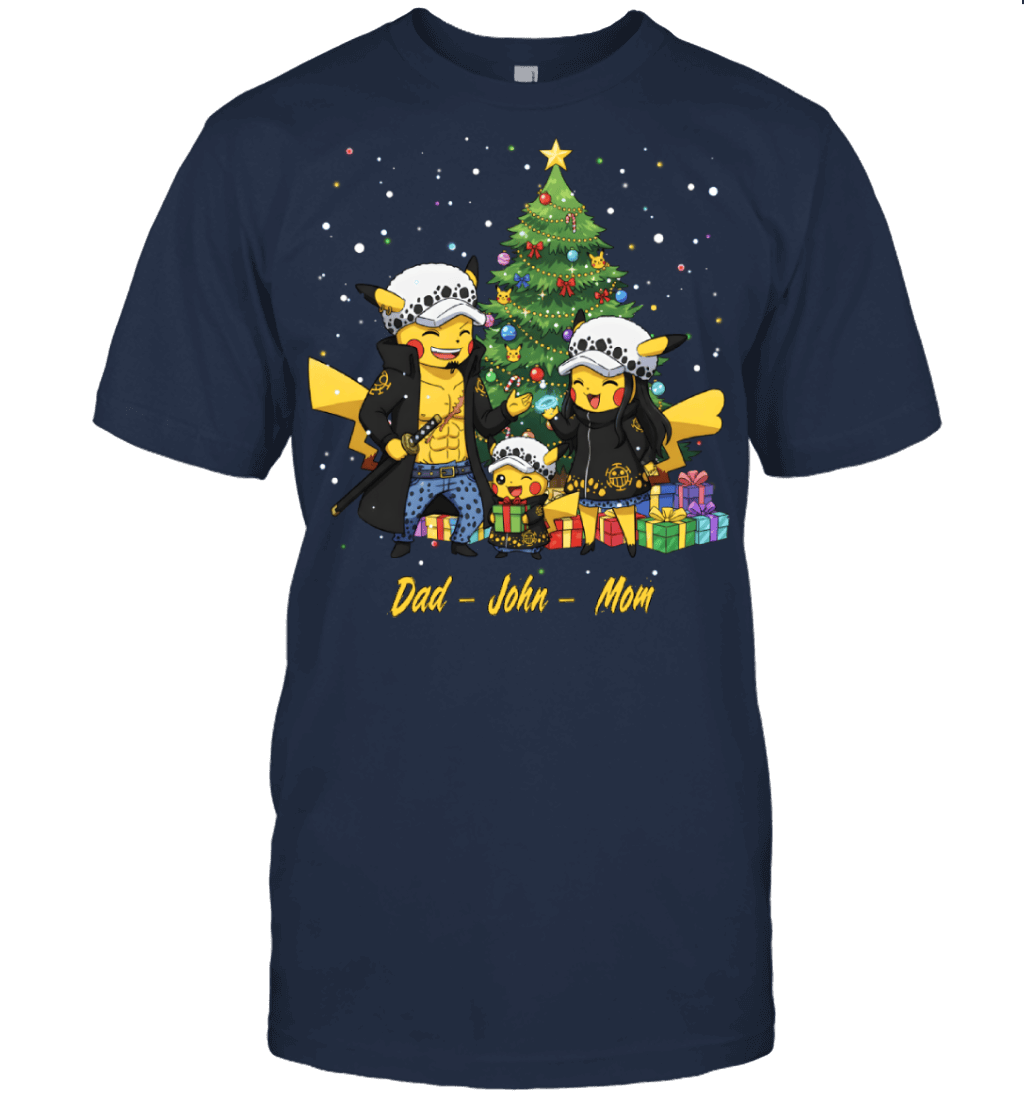Pikachu x Trafalgar Law Parents & Son Custom Name Christmas T-Shirt for Family