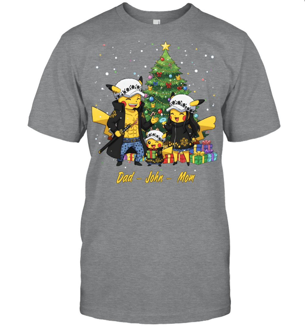 Pikachu x Trafalgar Law Parents & Son Custom Name Christmas T-Shirt for Family