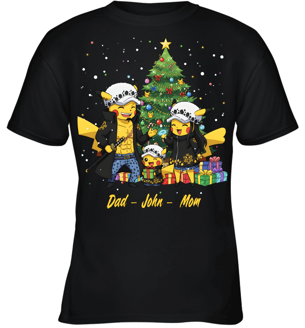 Pikachu x Trafalgar Law Parents & Son Custom Name Christmas T-Shirt for Family