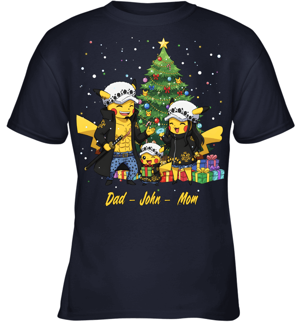 Pikachu x Trafalgar Law Parents & Son Custom Name Christmas T-Shirt for Family