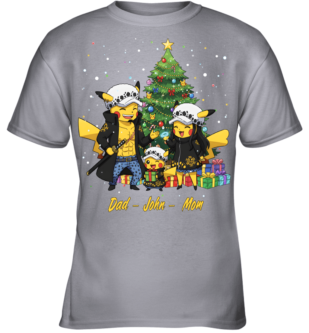 Pikachu x Trafalgar Law Parents & Son Custom Name Christmas T-Shirt for Family
