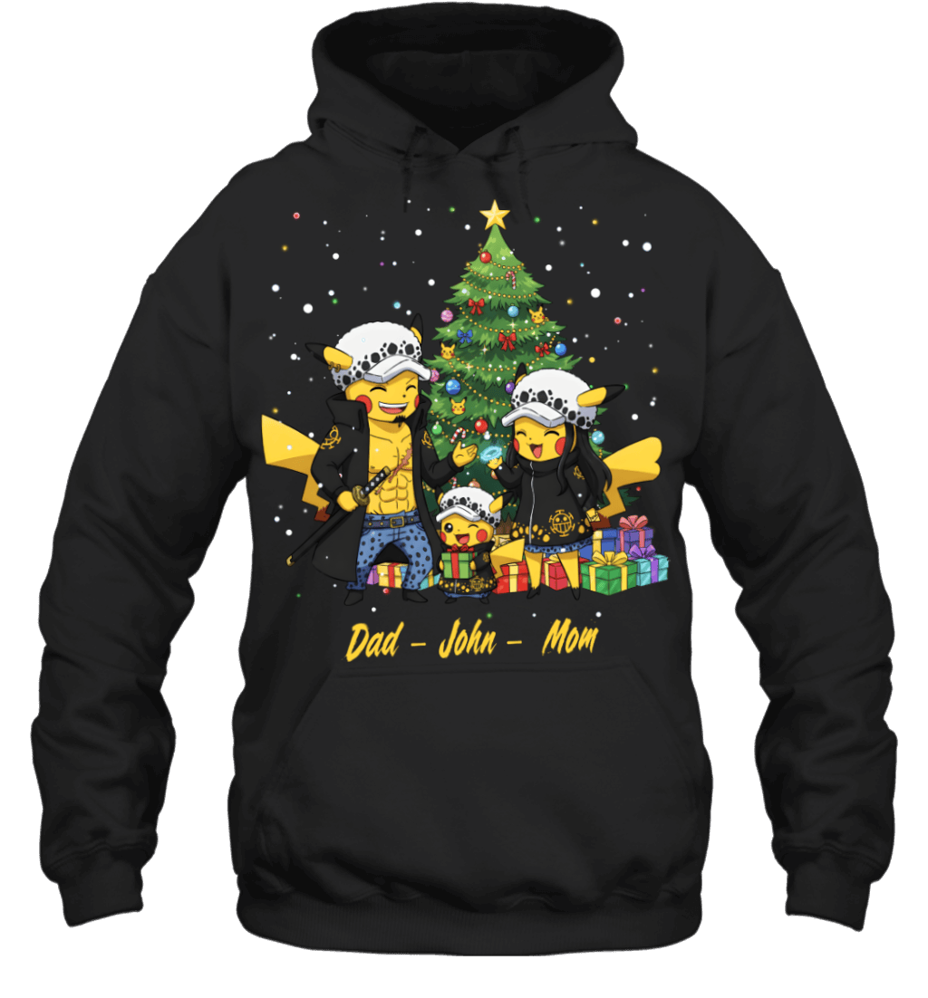Pikachu x Trafalgar Law Parents & Son Custom Name Christmas T-Shirt for Family