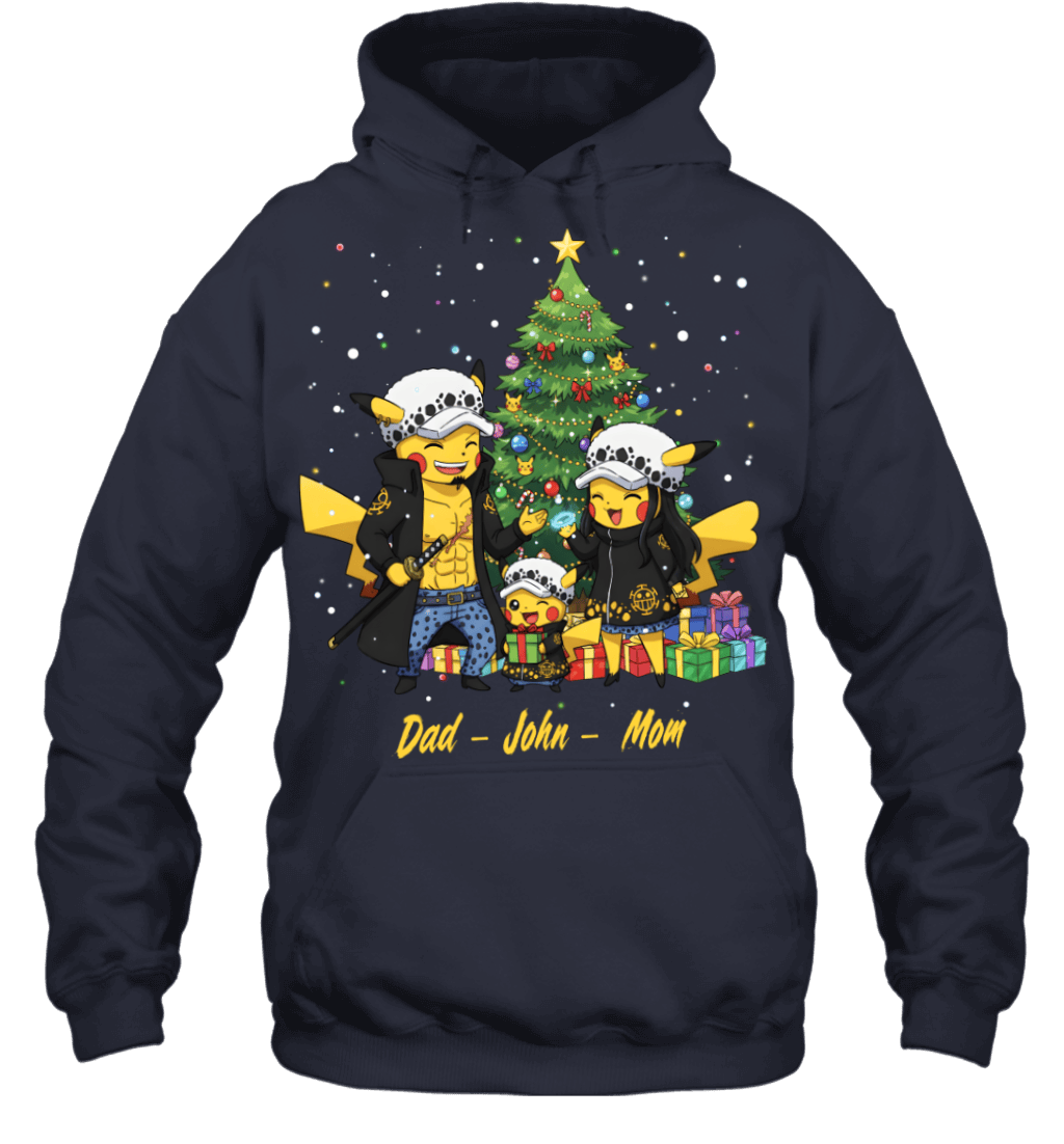 Pikachu x Trafalgar Law Parents & Son Custom Name Christmas T-Shirt for Family