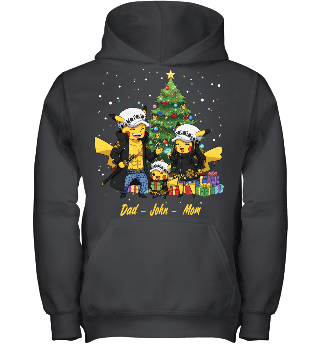Pikachu x Trafalgar Law Parents & Son Custom Name Christmas T-Shirt for Family