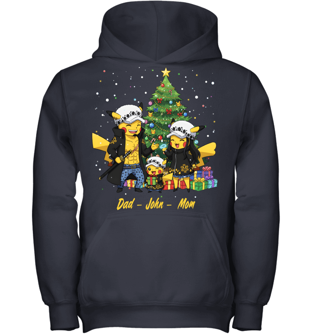 Pikachu x Trafalgar Law Parents & Son Custom Name Christmas T-Shirt for Family
