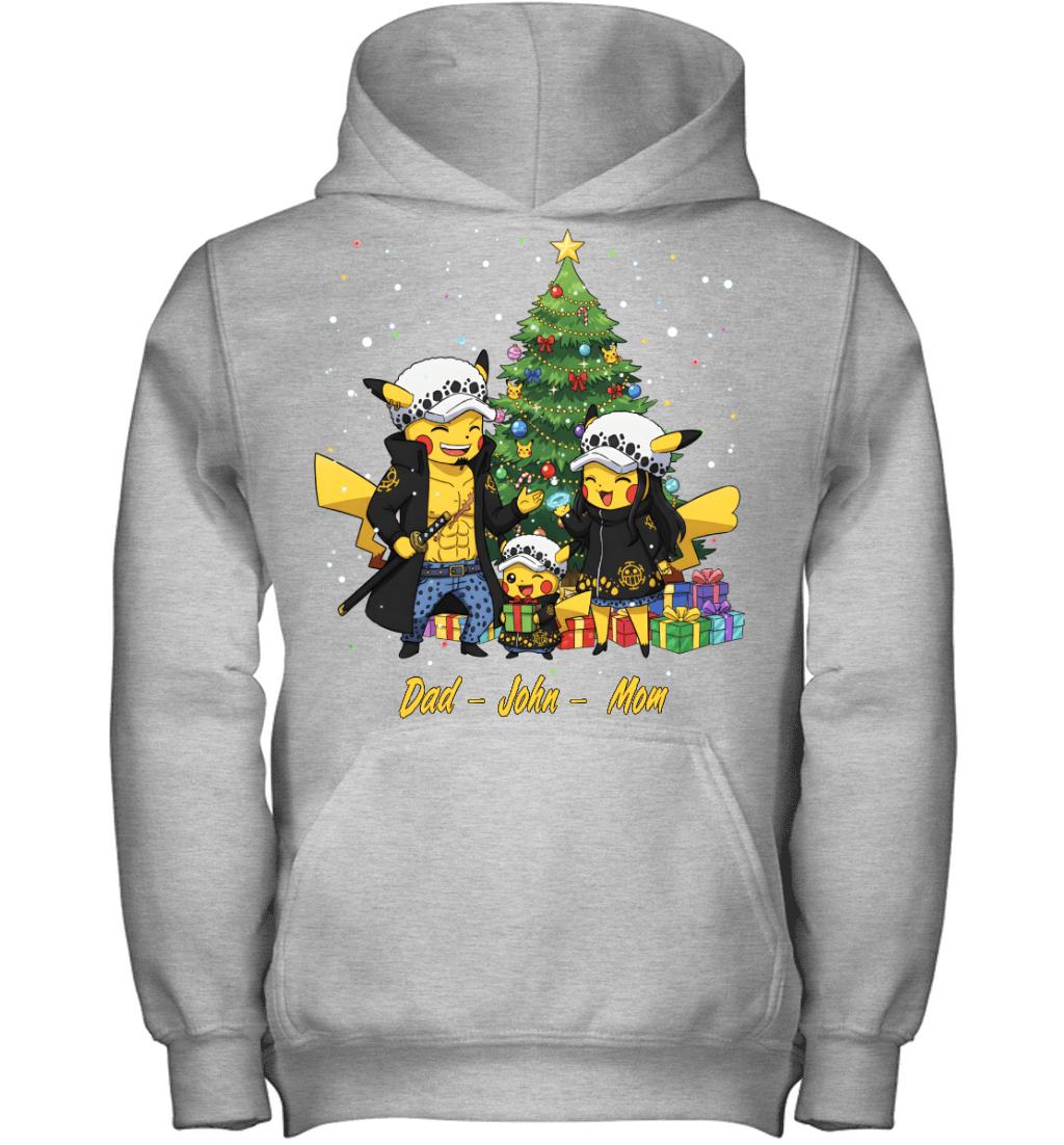 Pikachu x Trafalgar Law Parents & Son Custom Name Christmas T-Shirt for Family