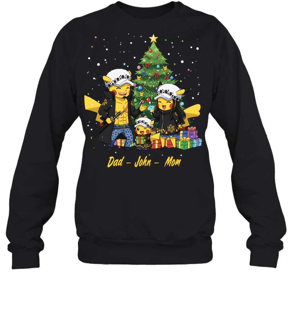 Pikachu x Trafalgar Law Parents & Son Custom Name Christmas T-Shirt for Family