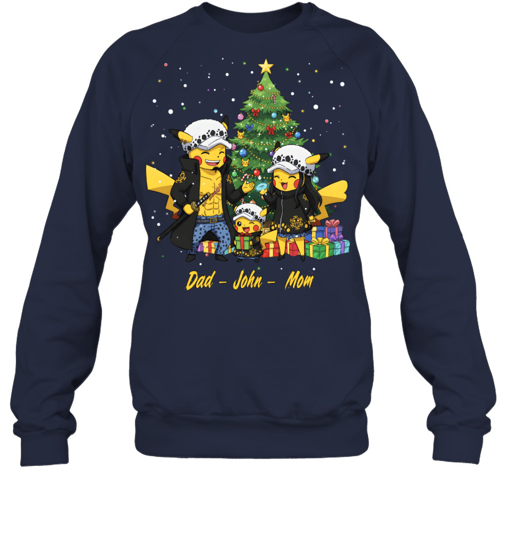 Pikachu x Trafalgar Law Parents & Son Custom Name Christmas T-Shirt for Family