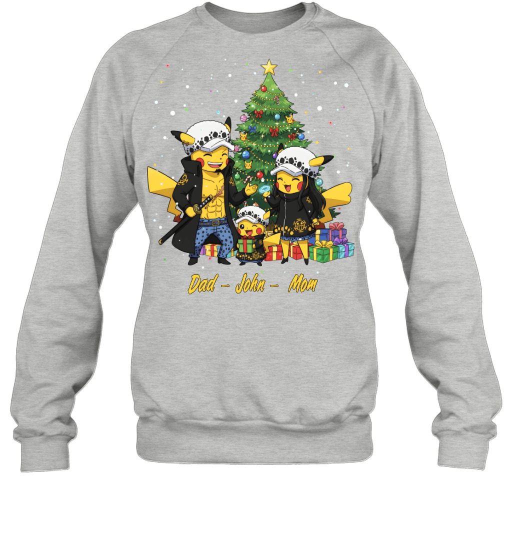 Pikachu x Trafalgar Law Parents & Son Custom Name Christmas T-Shirt for Family