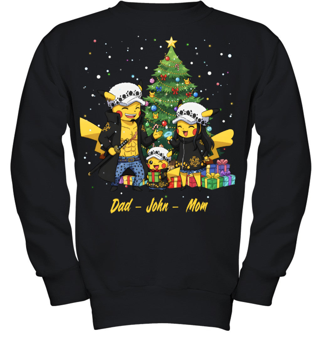 Pikachu x Trafalgar Law Parents & Son Custom Name Christmas T-Shirt for Family
