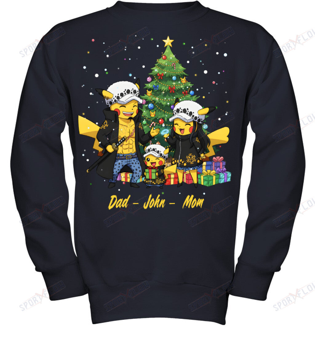 Pikachu x Trafalgar Law Parents & Son Custom Name Christmas T-Shirt for Family