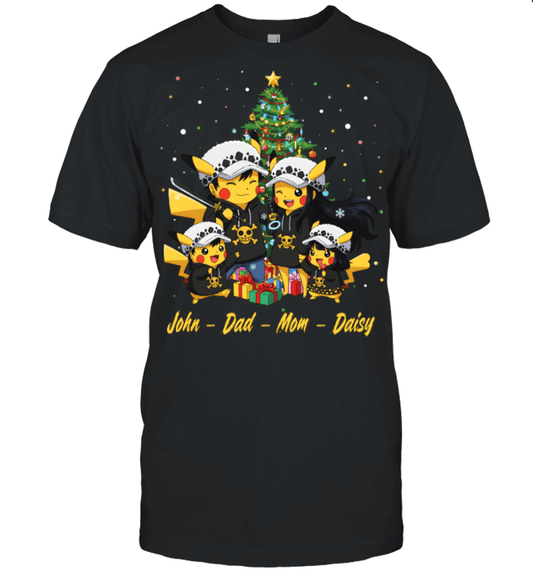 Pikachu x Trafalgar Law Parents & Kids Custom Name Christmas T-Shirt for Family