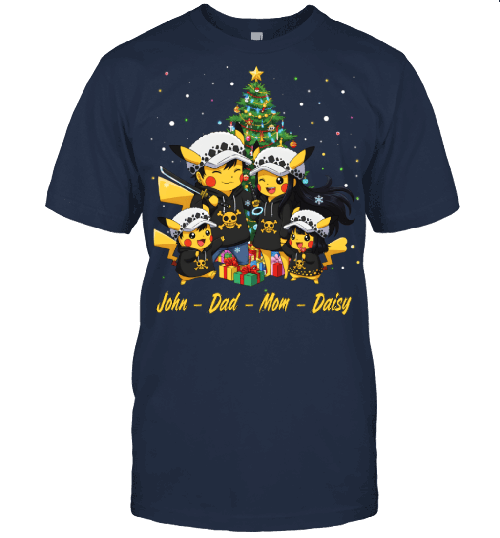 Pikachu x Trafalgar Law Parents & Kids Custom Name Christmas T-Shirt for Family