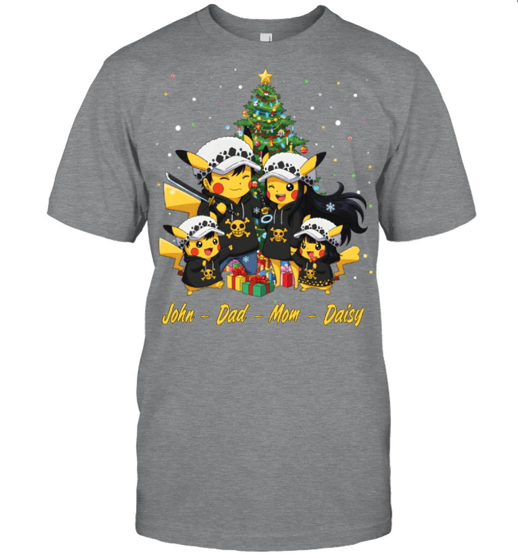Pikachu x Trafalgar Law Parents & Kids Custom Name Christmas T-Shirt for Family