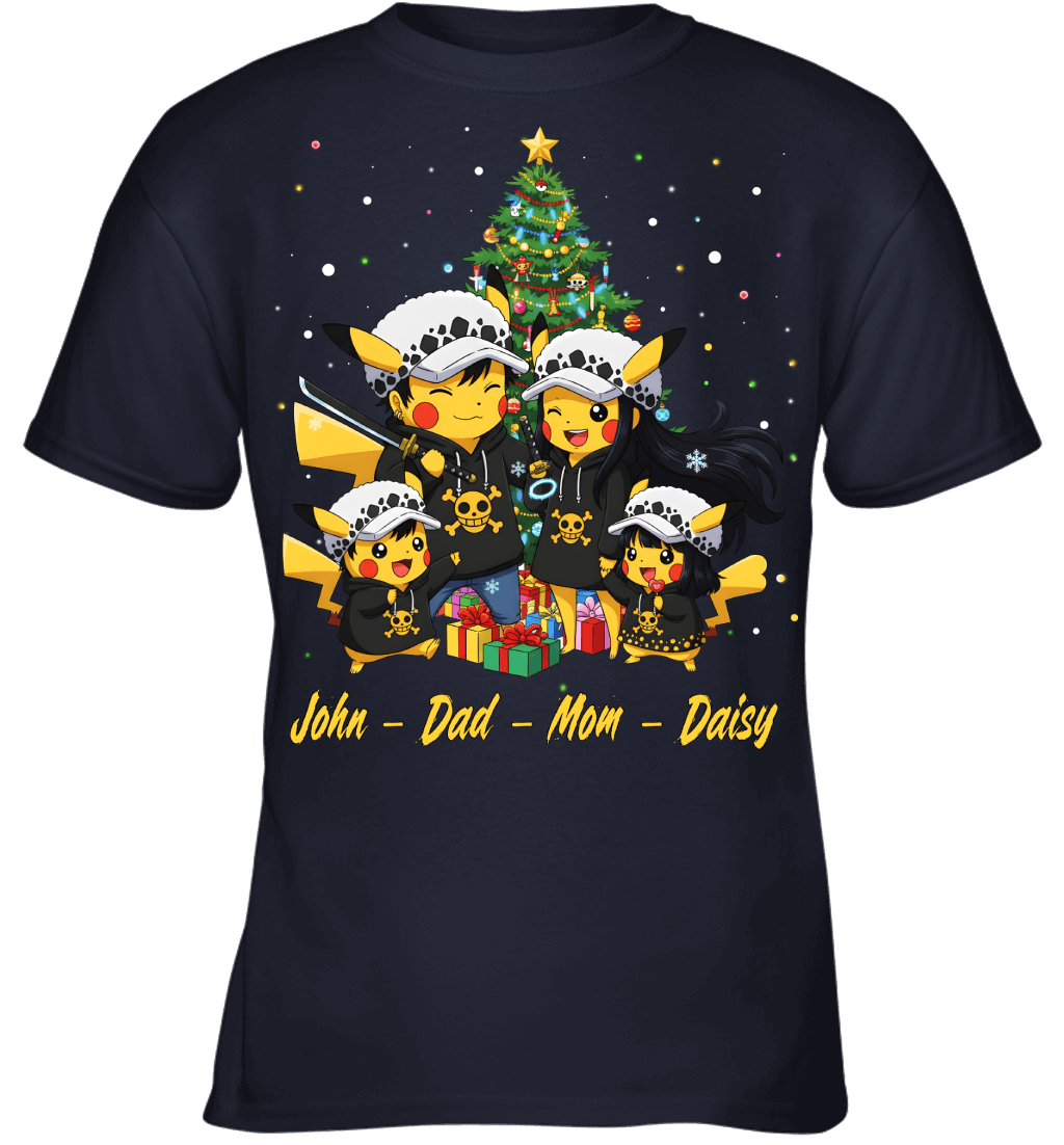 Pikachu x Trafalgar Law Parents & Kids Custom Name Christmas T-Shirt for Family