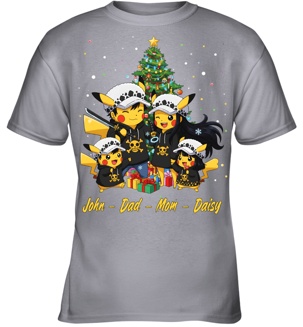 Pikachu x Trafalgar Law Parents & Kids Custom Name Christmas T-Shirt for Family