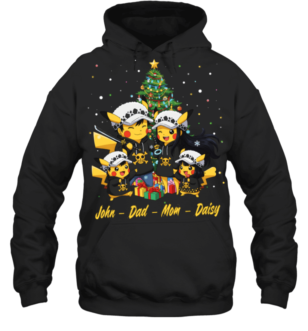 Pikachu x Trafalgar Law Parents & Kids Custom Name Christmas T-Shirt for Family