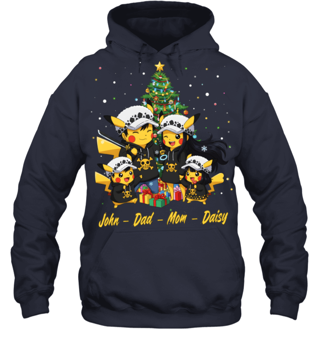Pikachu x Trafalgar Law Parents & Kids Custom Name Christmas T-Shirt for Family