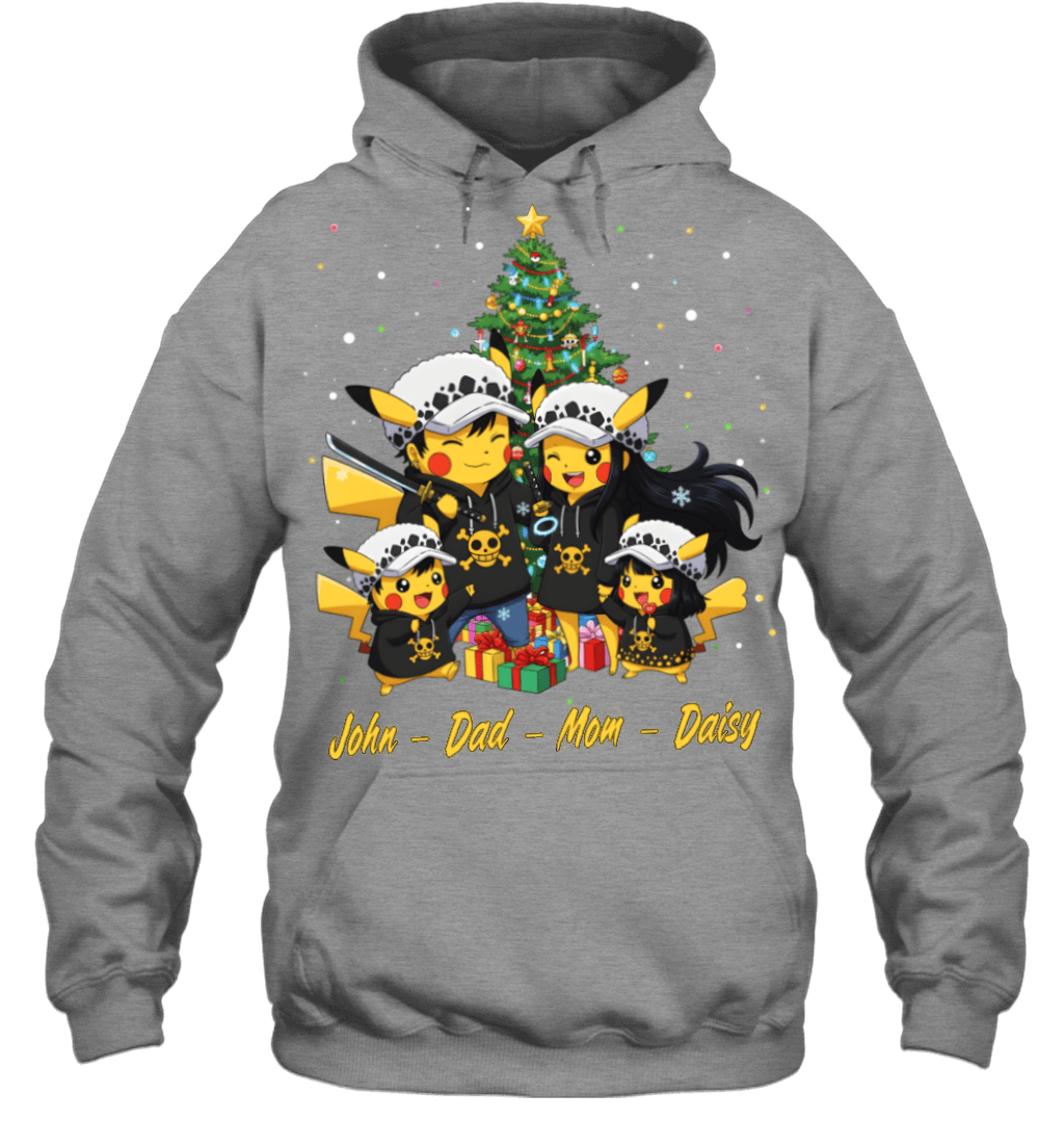 Pikachu x Trafalgar Law Parents & Kids Custom Name Christmas T-Shirt for Family