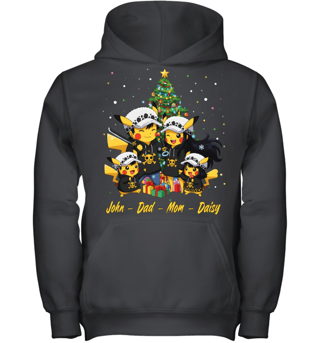Pikachu x Trafalgar Law Parents & Kids Custom Name Christmas T-Shirt for Family