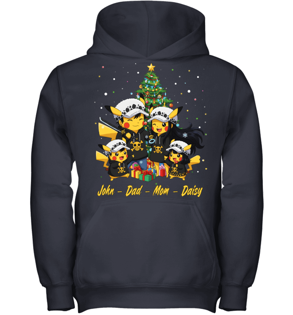 Pikachu x Trafalgar Law Parents & Kids Custom Name Christmas T-Shirt for Family