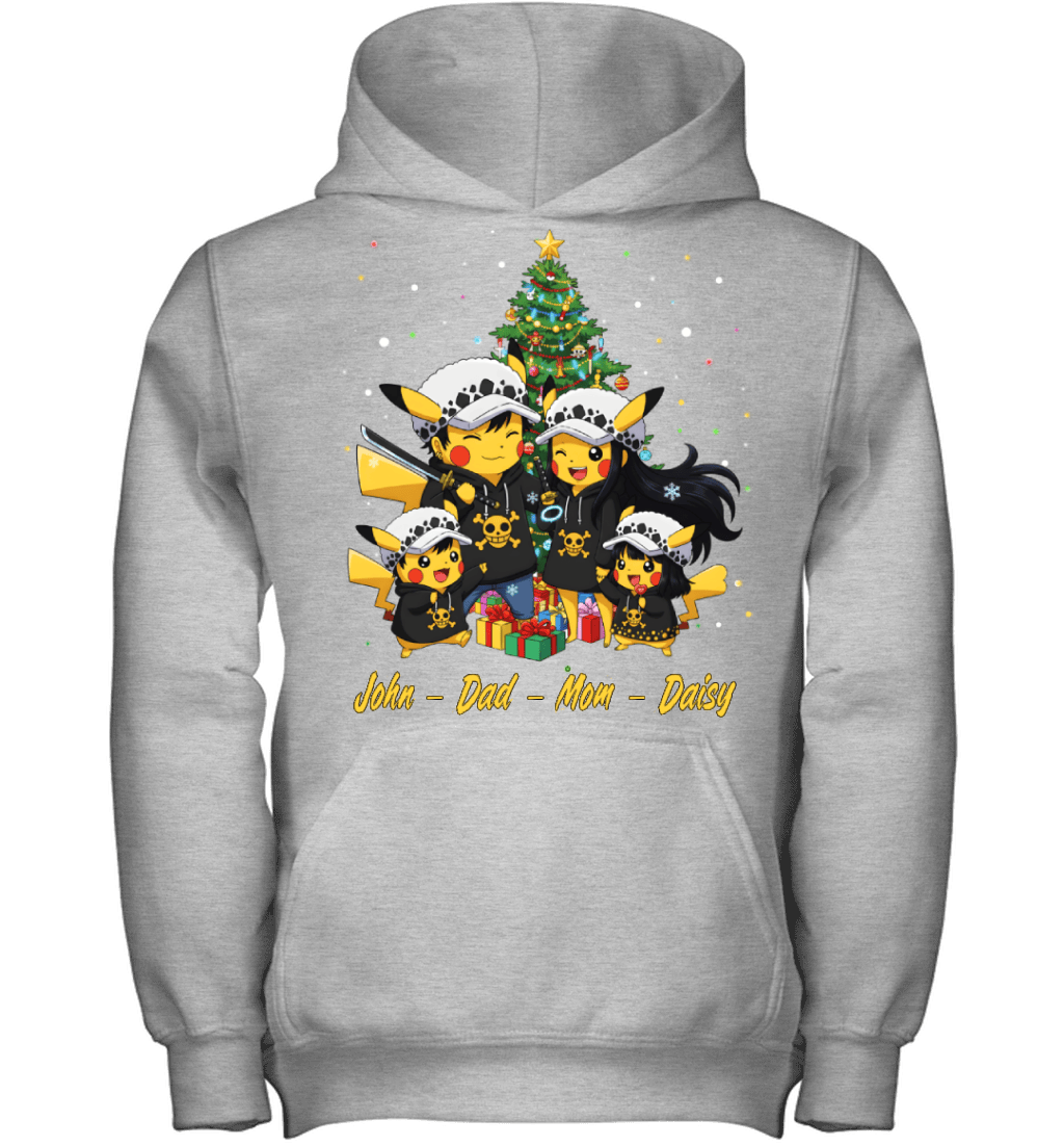 Pikachu x Trafalgar Law Parents & Kids Custom Name Christmas T-Shirt for Family