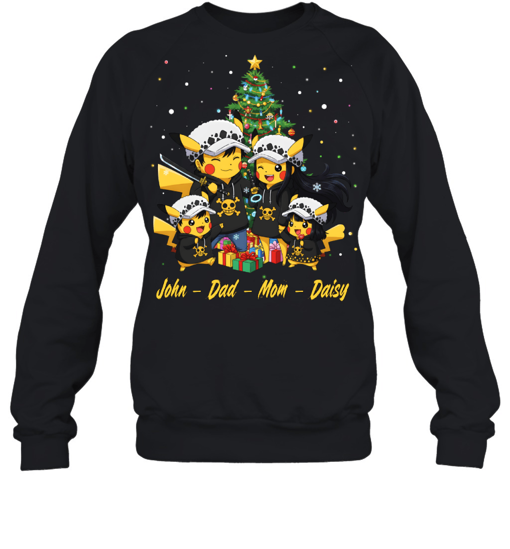 Pikachu x Trafalgar Law Parents & Kids Custom Name Christmas T-Shirt for Family