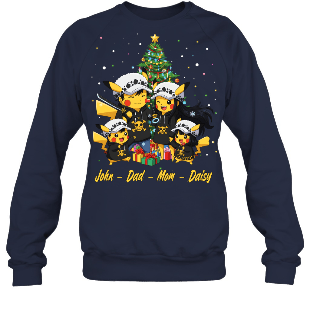 Pikachu x Trafalgar Law Parents & Kids Custom Name Christmas T-Shirt for Family