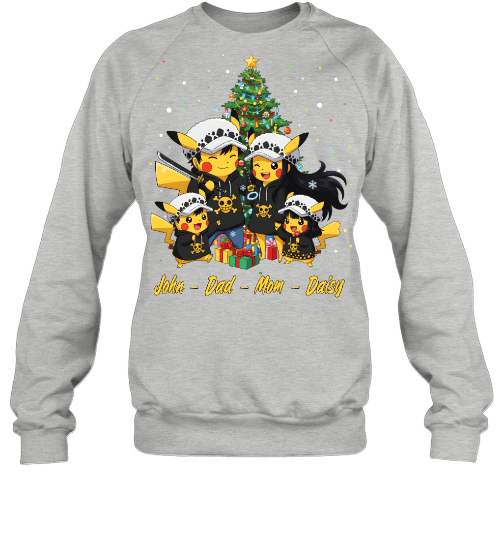 Pikachu x Trafalgar Law Parents & Kids Custom Name Christmas T-Shirt for Family