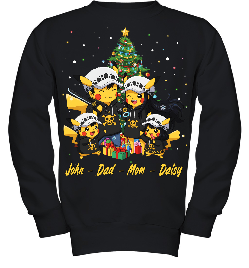 Pikachu x Trafalgar Law Parents & Kids Custom Name Christmas T-Shirt for Family