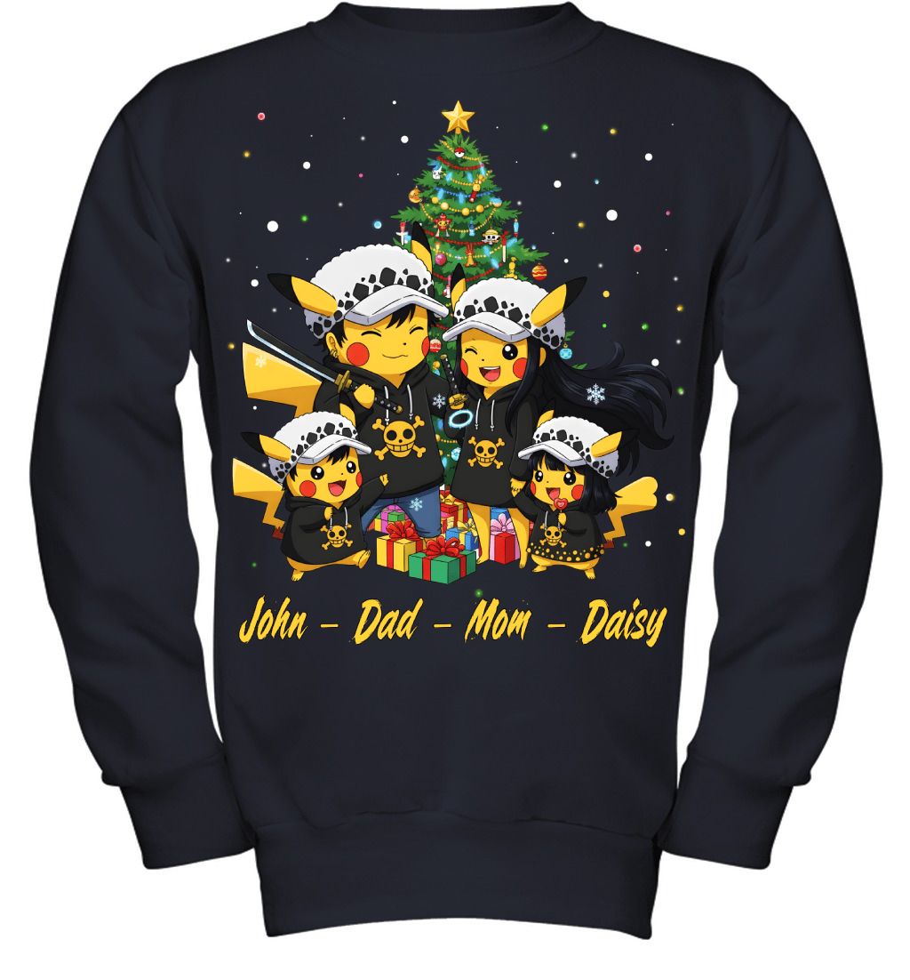 Pikachu x Trafalgar Law Parents & Kids Custom Name Christmas T-Shirt for Family