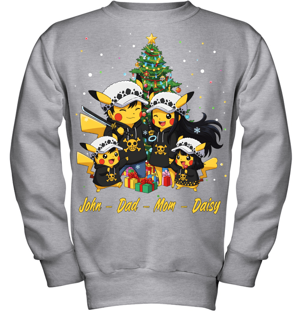 Pikachu x Trafalgar Law Parents & Kids Custom Name Christmas T-Shirt for Family