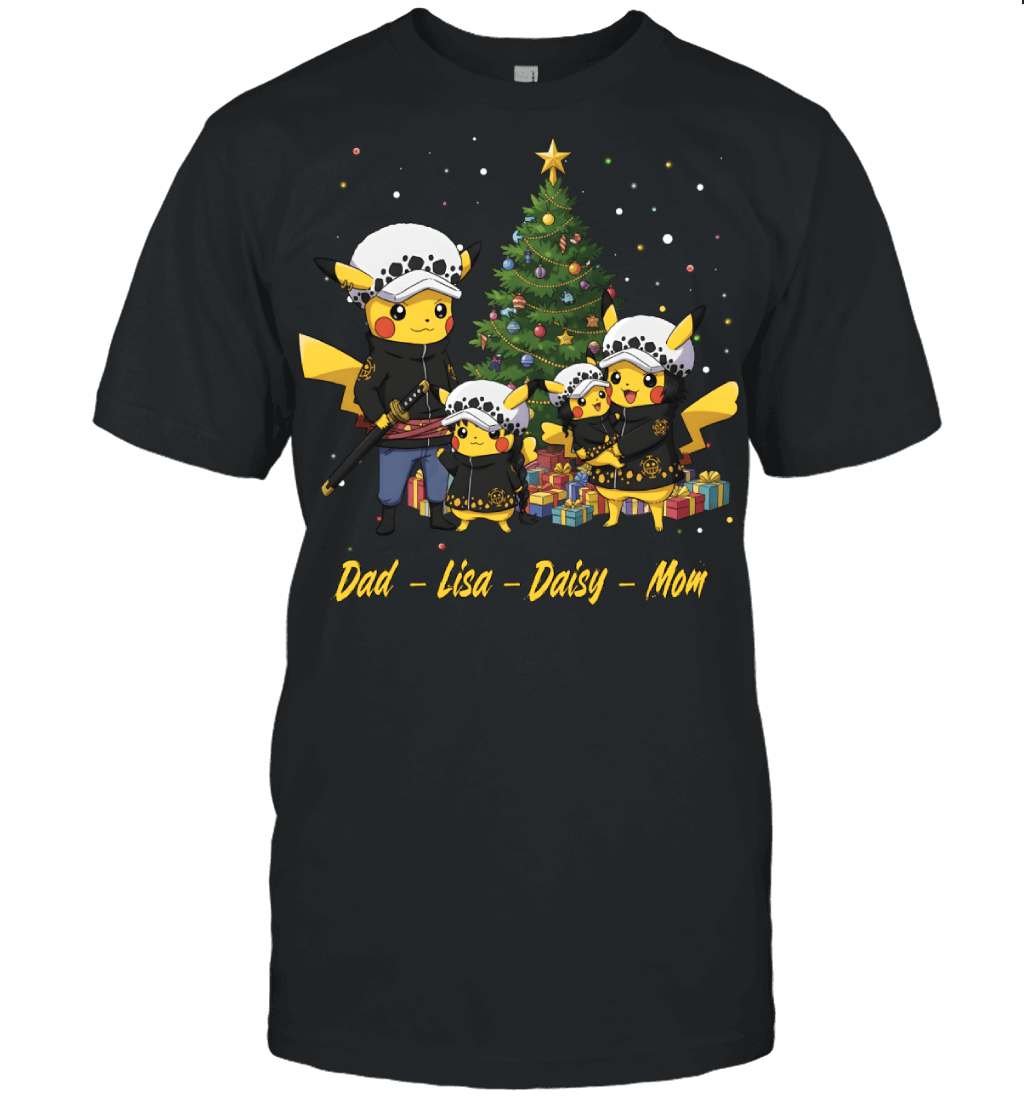 Pikachu x Trafalgar Law Parents & Daughters Custom Name Christmas T-Shirt for Family