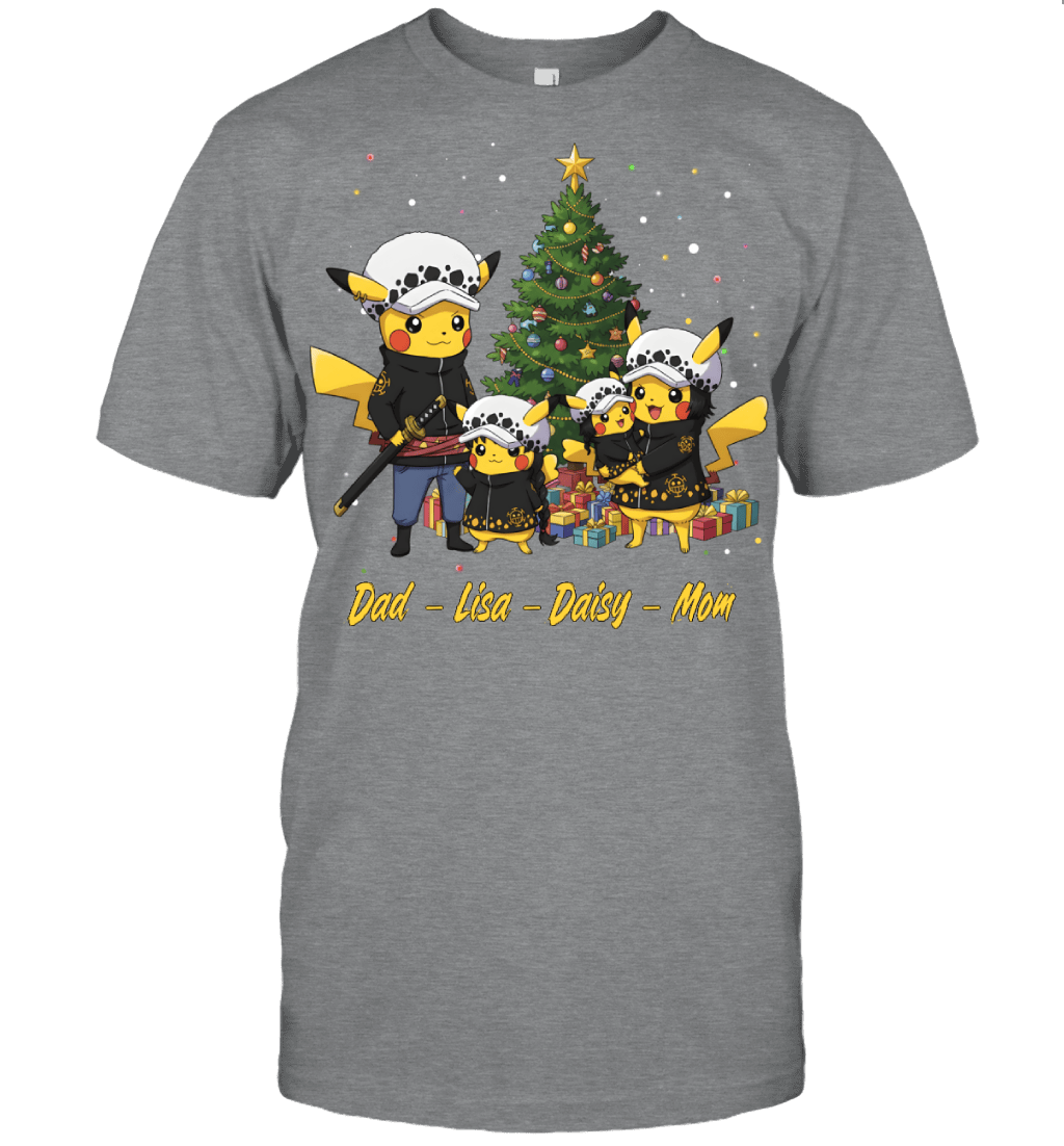Pikachu x Trafalgar Law Parents & Daughters Custom Name Christmas T-Shirt for Family